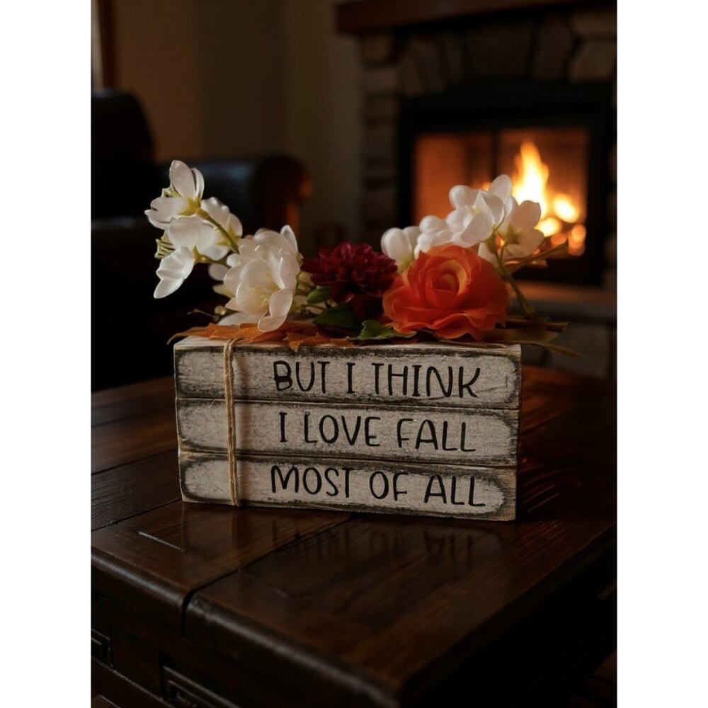 Fall-Themed Wooden Book Stack Decor With Faux Flowers & Quote